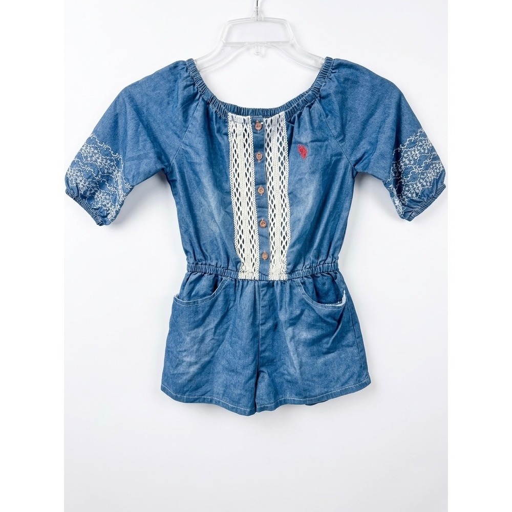 US Polo‎ Assn Girls Denim Size 8 Crochet Lace Off Shoulder Romper